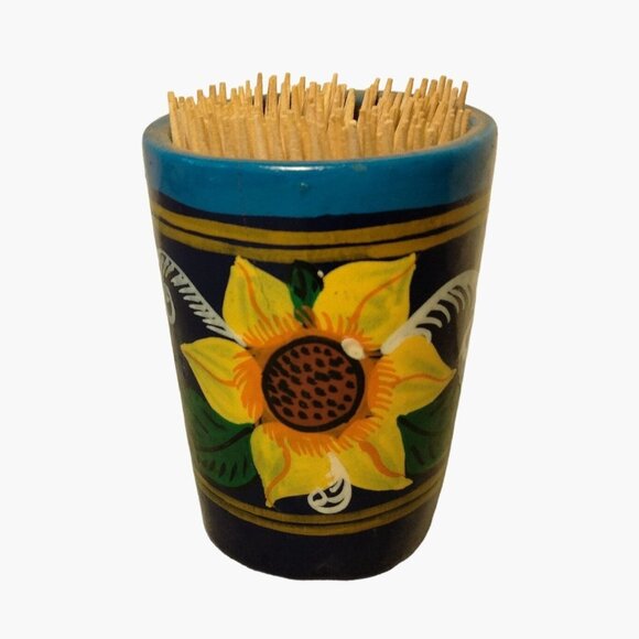 Sunflower Toothpick Holder Tole Painted Terracotta Mexico - Picture 3 of 6